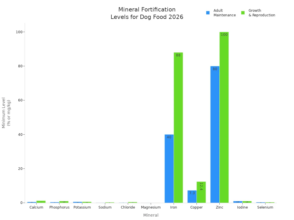 Bar chart comparing minimum recommended mineral fortification levels for adult maintenance and growth & reproduction in dry dog food for 2026